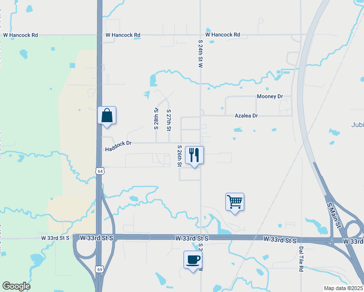 map of restaurants, bars, coffee shops, grocery stores, and more near 2507 Haddock Drive in Muskogee