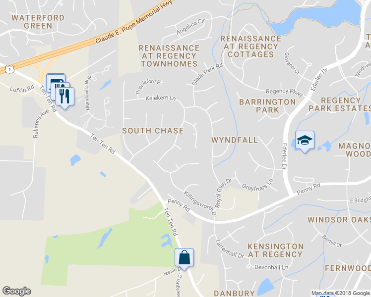 map of restaurants, bars, coffee shops, grocery stores, and more near 105 Breyman Court in Cary