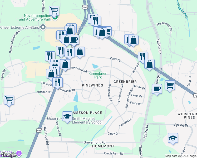 map of restaurants, bars, coffee shops, grocery stores, and more near 104 Crosspine Drive in Raleigh