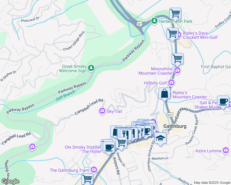 map of restaurants, bars, coffee shops, grocery stores, and more near 533 Greystone Heights Road in Gatlinburg
