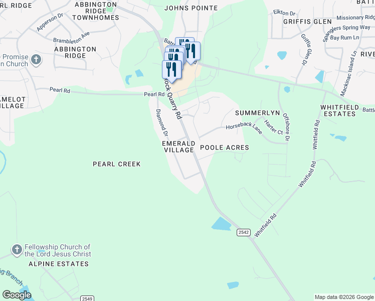 map of restaurants, bars, coffee shops, grocery stores, and more near 6408 Rock Quarry Road in Raleigh