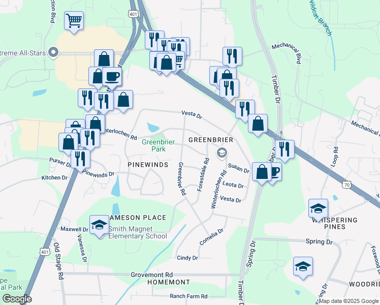 map of restaurants, bars, coffee shops, grocery stores, and more near 4605 Greenbrier Road in Raleigh