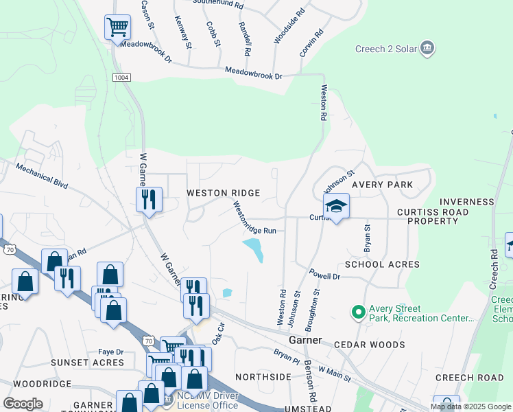 map of restaurants, bars, coffee shops, grocery stores, and more near 126 Plum Grove Lane in Garner