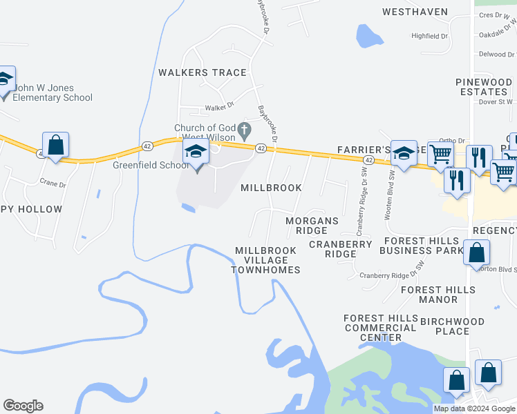 map of restaurants, bars, coffee shops, grocery stores, and more near 3402 Widgeon Street Southwest in Wilson