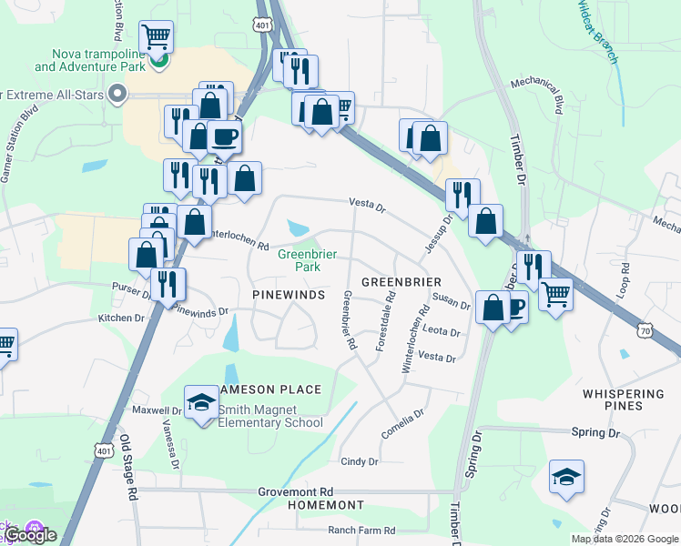 map of restaurants, bars, coffee shops, grocery stores, and more near 4605 Greenbrier Road in Raleigh
