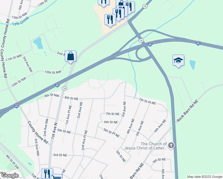 map of restaurants, bars, coffee shops, grocery stores, and more near 227 8th Street Northeast in Conover