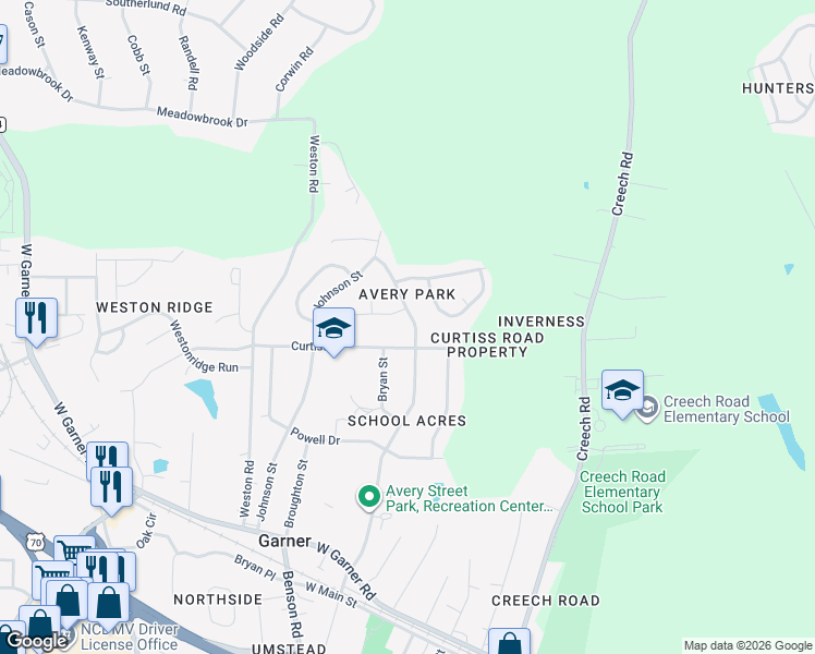 map of restaurants, bars, coffee shops, grocery stores, and more near 527 Avery Street in Garner