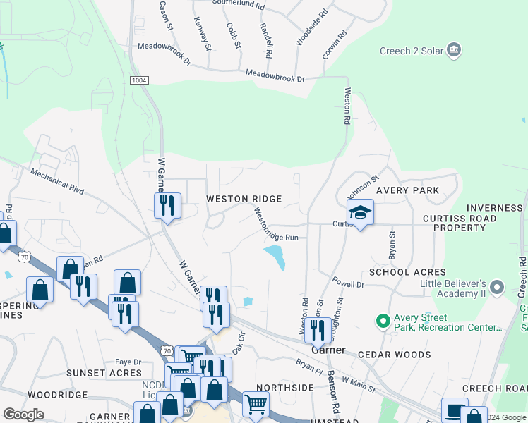 map of restaurants, bars, coffee shops, grocery stores, and more near 310 Westonridge Run in Garner