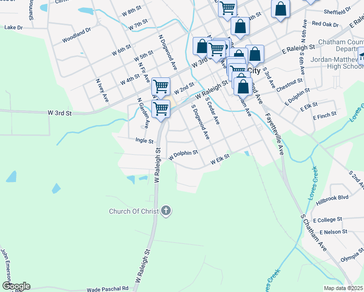 map of restaurants, bars, coffee shops, grocery stores, and more near 509 West Park Avenue in Siler City