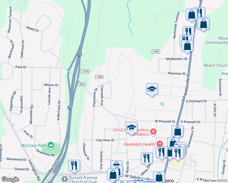 map of restaurants, bars, coffee shops, grocery stores, and more near 1166 Oakland Avenue in Asheboro