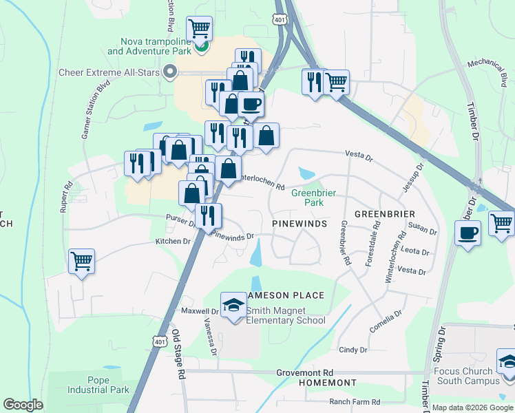 map of restaurants, bars, coffee shops, grocery stores, and more near 1254 Shadowbark Court in Raleigh