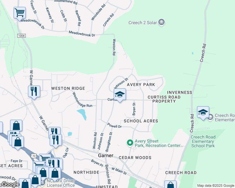 map of restaurants, bars, coffee shops, grocery stores, and more near 302 Johnson Street in Garner
