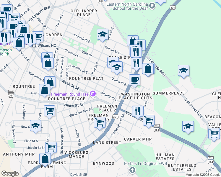 map of restaurants, bars, coffee shops, grocery stores, and more near 1311 Washington St E in Wilson