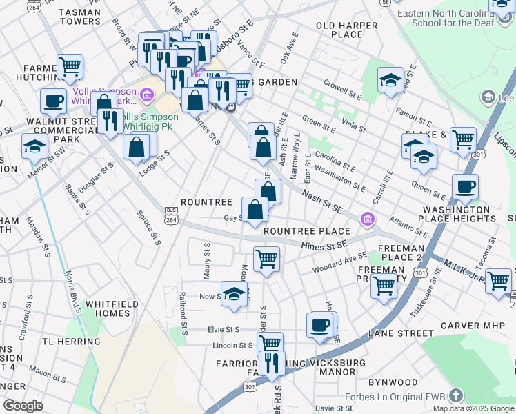 map of restaurants, bars, coffee shops, grocery stores, and more near 319 Pender Street Southeast in Wilson