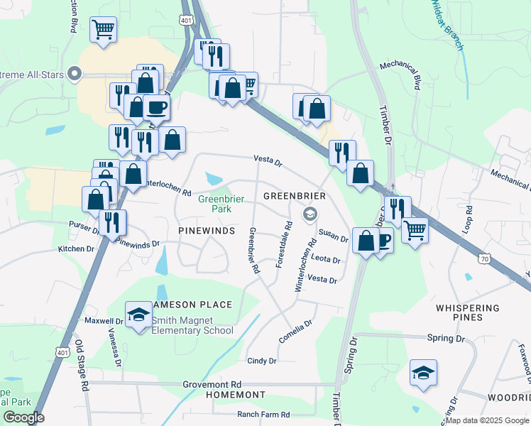 map of restaurants, bars, coffee shops, grocery stores, and more near 4605 Greenbrier Road in Raleigh