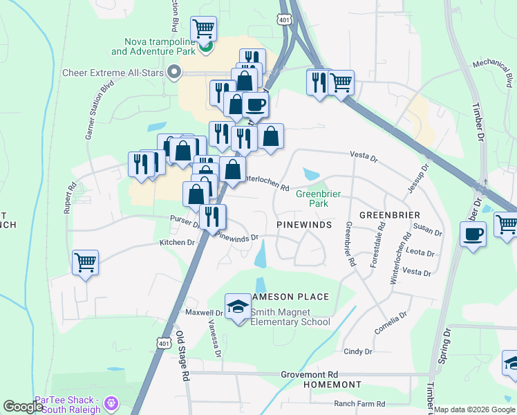map of restaurants, bars, coffee shops, grocery stores, and more near 1254 Shadowbark Court in Raleigh