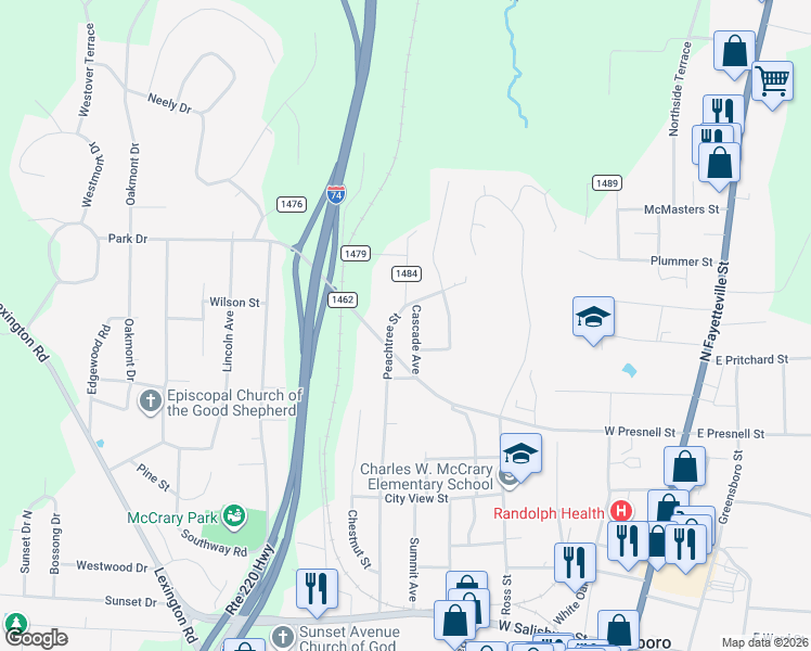 map of restaurants, bars, coffee shops, grocery stores, and more near 639 Cascade Ave in Asheboro