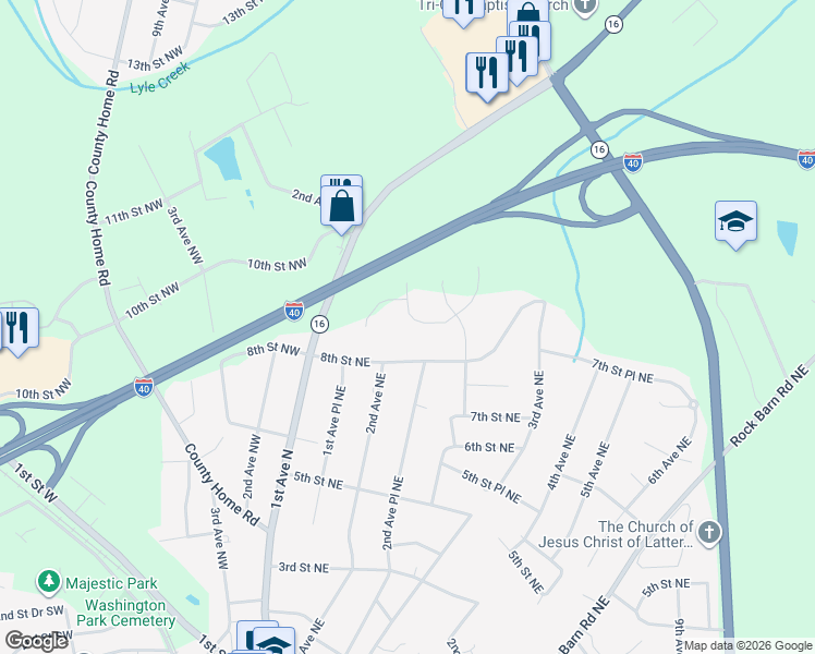 map of restaurants, bars, coffee shops, grocery stores, and more near 208 9th Street Northeast in Conover