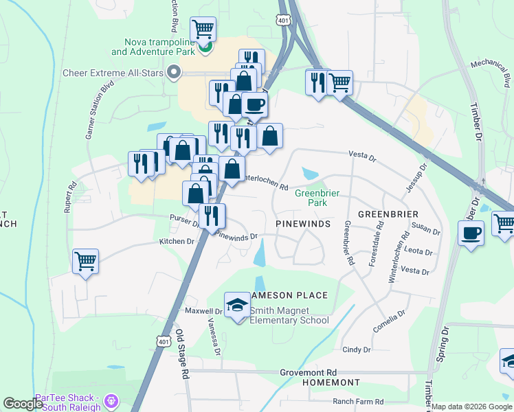 map of restaurants, bars, coffee shops, grocery stores, and more near 1254 Shadowbark Court in Raleigh