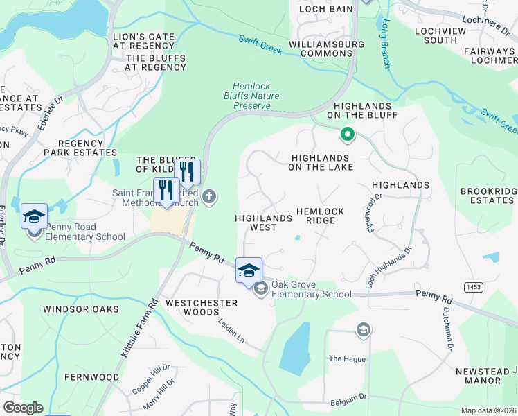 map of restaurants, bars, coffee shops, grocery stores, and more near 305 Crickentree Drive in Cary