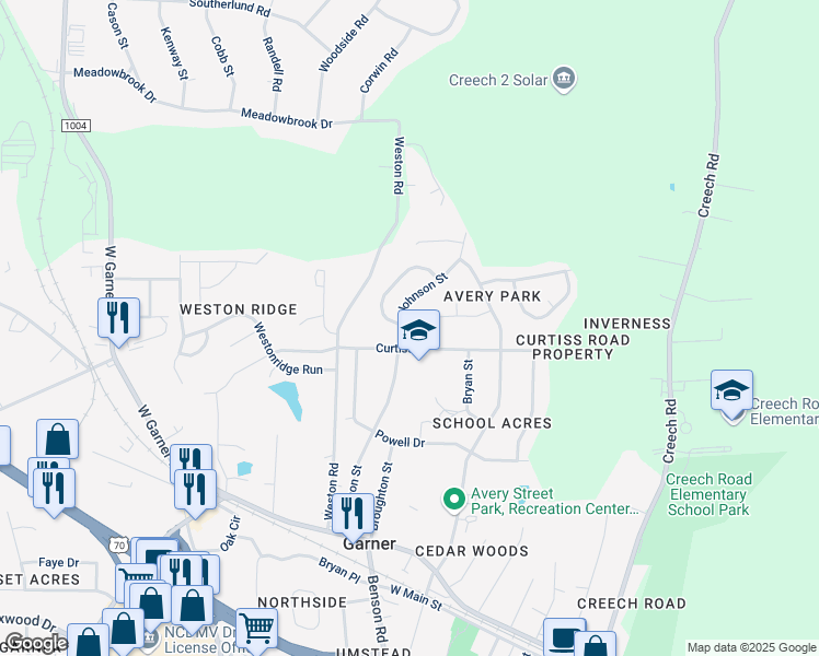 map of restaurants, bars, coffee shops, grocery stores, and more near 302 Johnson Street in Garner