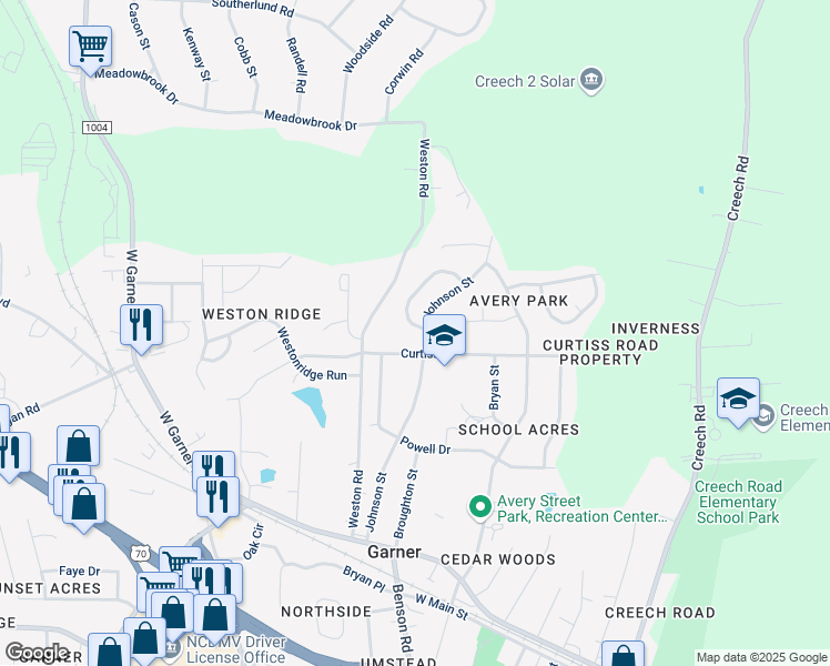 map of restaurants, bars, coffee shops, grocery stores, and more near 101 Parkhaven Lane in Garner