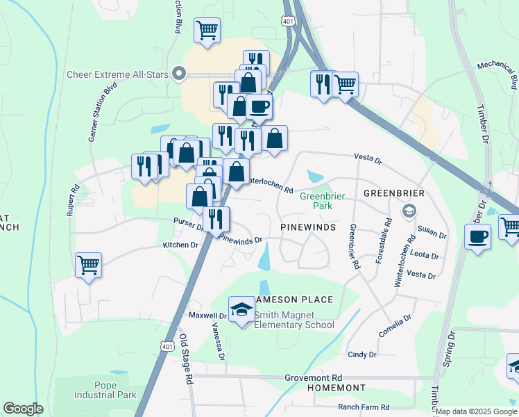 map of restaurants, bars, coffee shops, grocery stores, and more near 1254 Shadow Bark Court in Raleigh
