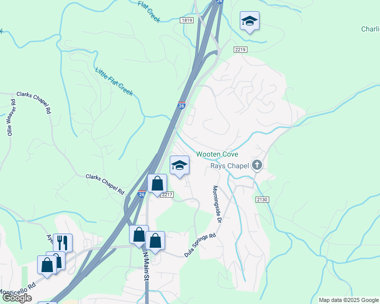 map of restaurants, bars, coffee shops, grocery stores, and more near North Buncombe School Road in Weaverville