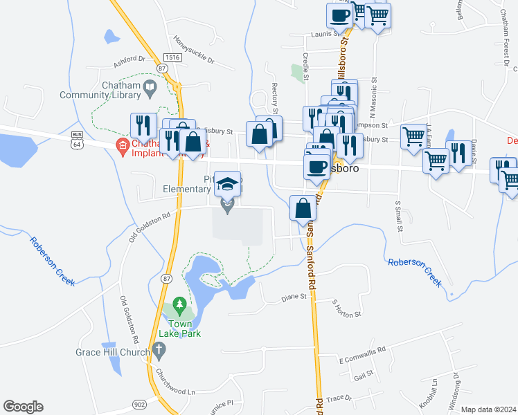 map of restaurants, bars, coffee shops, grocery stores, and more near 221 Cottage Way in Pittsboro