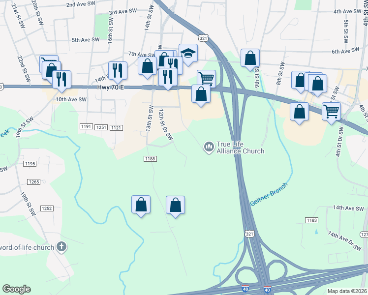 map of restaurants, bars, coffee shops, grocery stores, and more near 1239 12th St Dr SW in Hickory