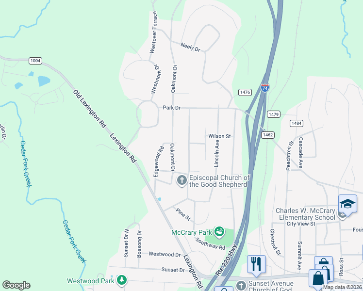 map of restaurants, bars, coffee shops, grocery stores, and more near 721 Mountain Road in Asheboro