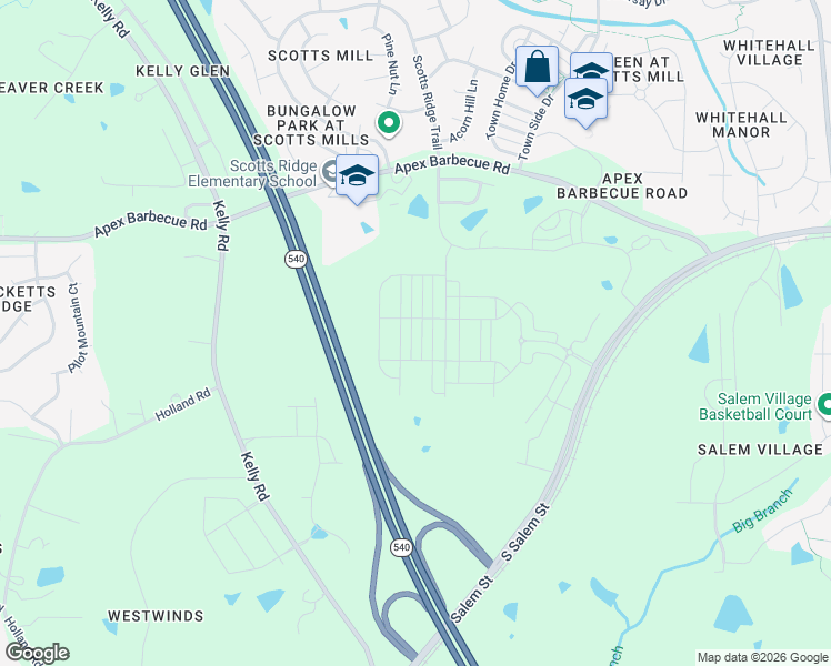 map of restaurants, bars, coffee shops, grocery stores, and more near Western Wake Freeway in Apex