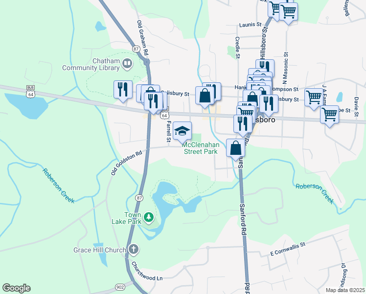 map of restaurants, bars, coffee shops, grocery stores, and more near 375 Pittsboro Elem School Road in Pittsboro
