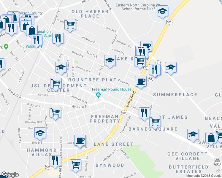 map of restaurants, bars, coffee shops, grocery stores, and more near 301 Wainwright Avenue East in Wilson