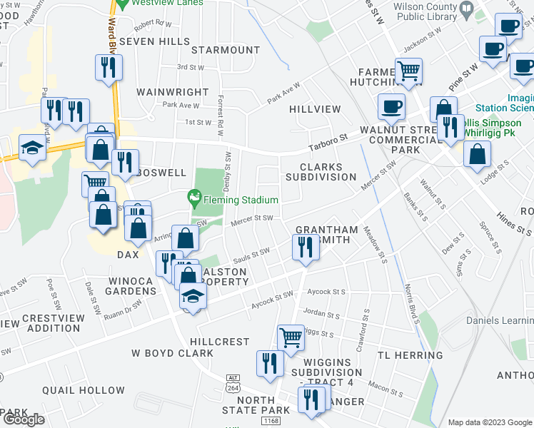 map of restaurants, bars, coffee shops, grocery stores, and more near 1104 Mercer Street Southwest in Wilson