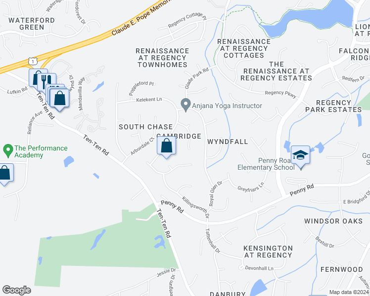 map of restaurants, bars, coffee shops, grocery stores, and more near 116 Parson Woods Lane in Cary