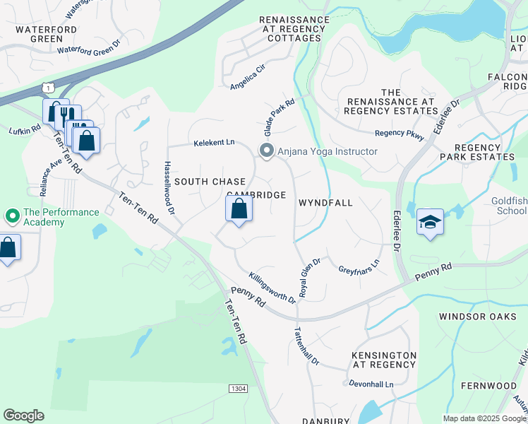 map of restaurants, bars, coffee shops, grocery stores, and more near 116 Parson Woods Lane in Cary