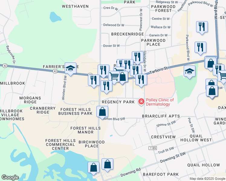 map of restaurants, bars, coffee shops, grocery stores, and more near 2101 Tarboro Street West in Wilson