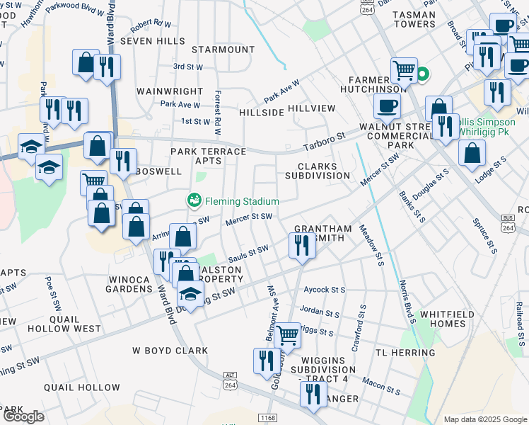 map of restaurants, bars, coffee shops, grocery stores, and more near 1104 Mercer Street Southwest in Wilson