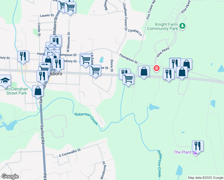 map of restaurants, bars, coffee shops, grocery stores, and more near 244 Toomer Loop Rd in Pittsboro