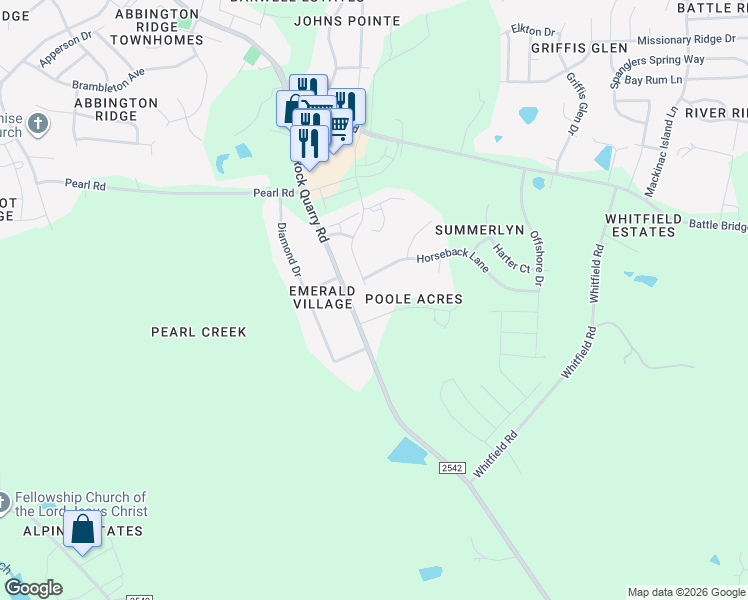 map of restaurants, bars, coffee shops, grocery stores, and more near 6417 Rock Quarry Road in Raleigh