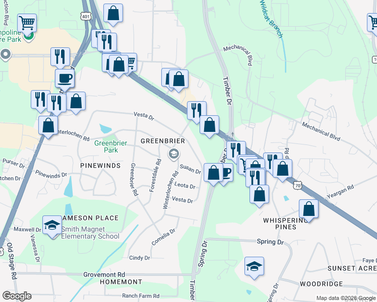 map of restaurants, bars, coffee shops, grocery stores, and more near 3725 Vesta Drive in Raleigh