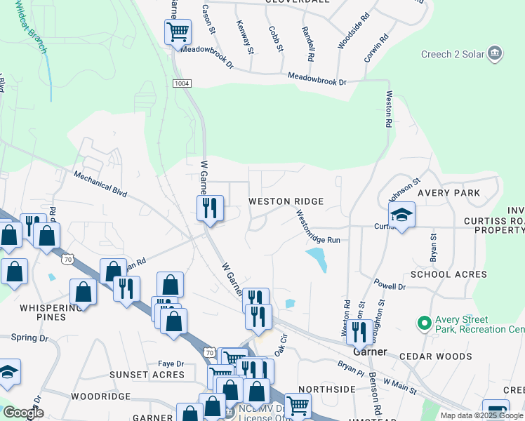map of restaurants, bars, coffee shops, grocery stores, and more near 500 Westonridge Run in Garner