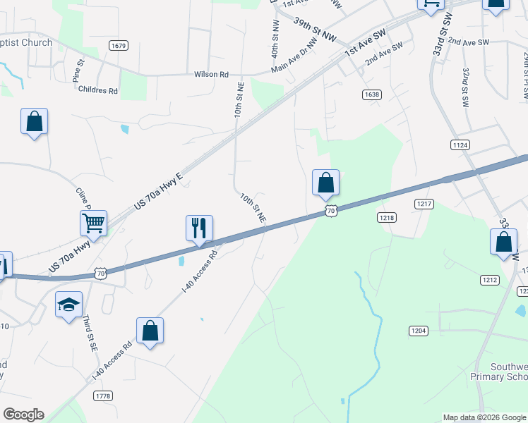 map of restaurants, bars, coffee shops, grocery stores, and more near 100 10th Street Northeast in Hildebran