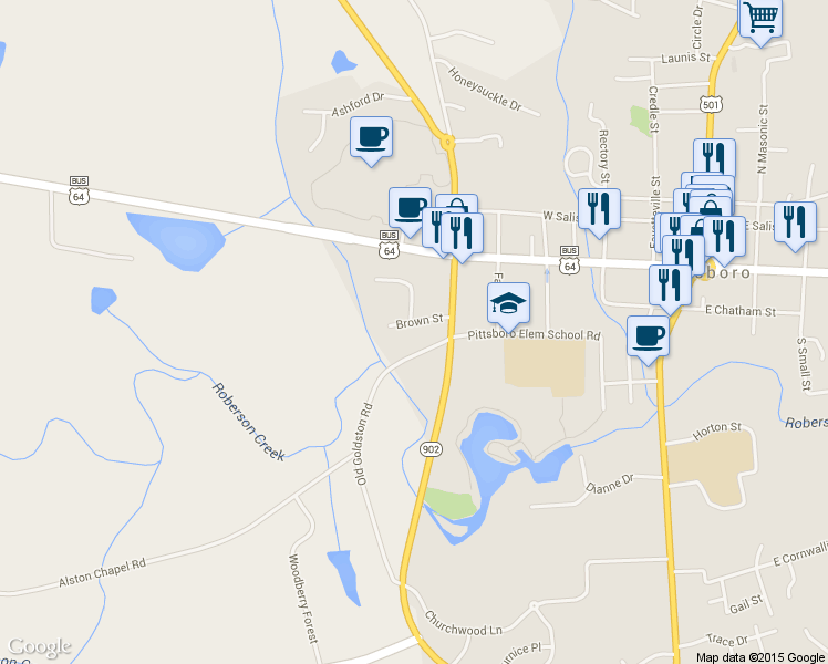 map of restaurants, bars, coffee shops, grocery stores, and more near 79 Brown Street in Pittsboro