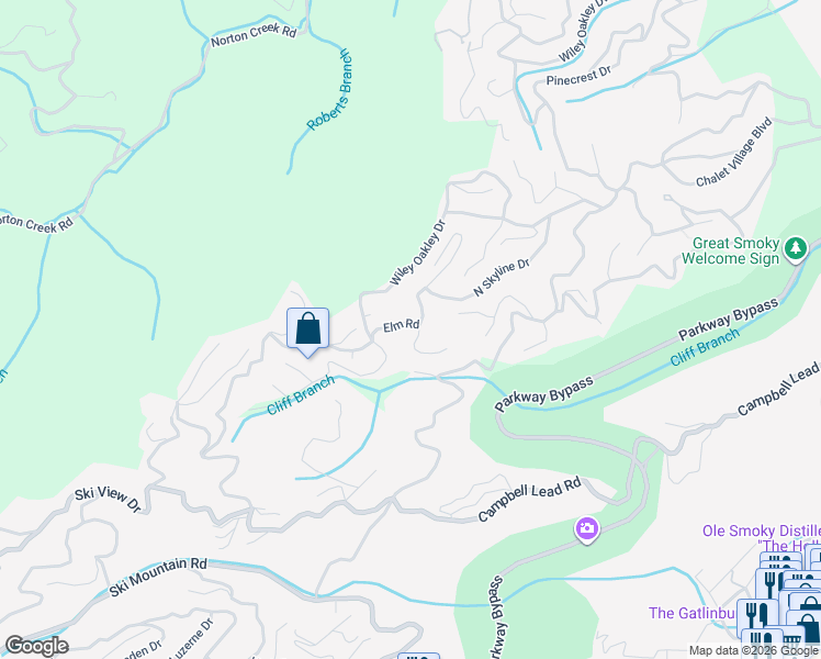map of restaurants, bars, coffee shops, grocery stores, and more near 1107 Longview Court in Gatlinburg