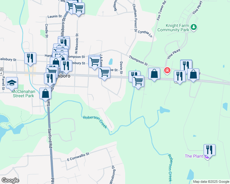 map of restaurants, bars, coffee shops, grocery stores, and more near 185 Toomer Loop Road in Pittsboro