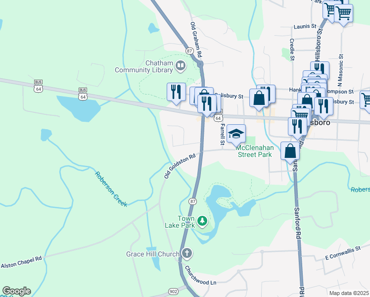 map of restaurants, bars, coffee shops, grocery stores, and more near 79 Brown Street in Pittsboro
