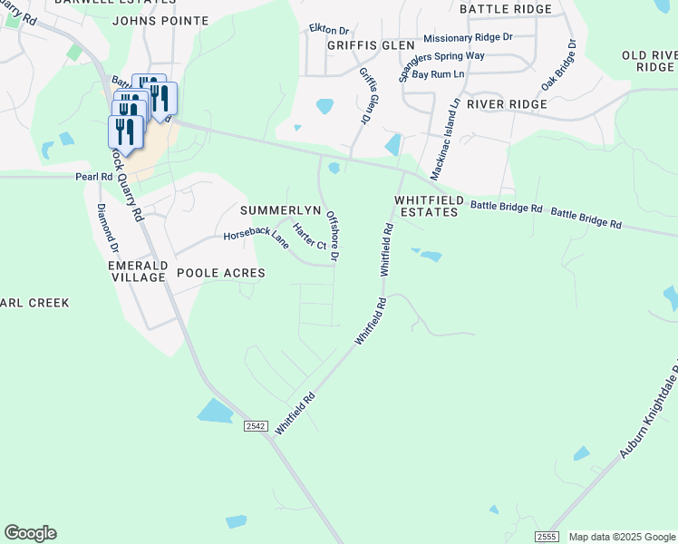 map of restaurants, bars, coffee shops, grocery stores, and more near 4405 Offshore Drive in Raleigh