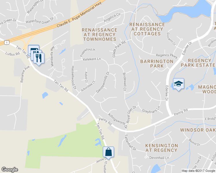 map of restaurants, bars, coffee shops, grocery stores, and more near 103 Breyman Court in Cary